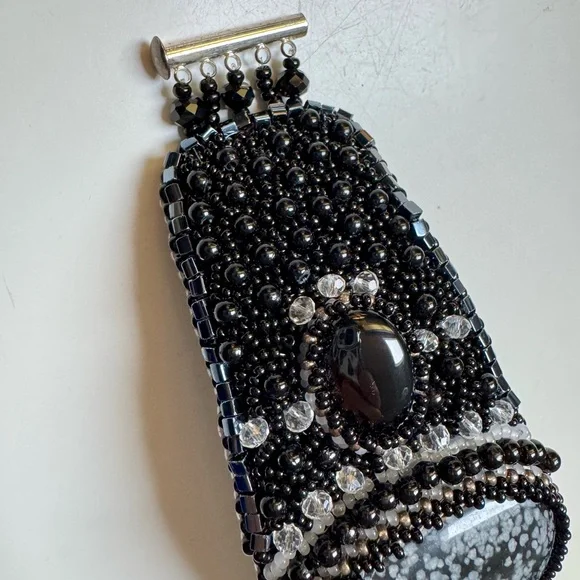 Artisan Vintage Genuine Agate~Obsidian Black Onyx Jet Bead cuff~Leather lined